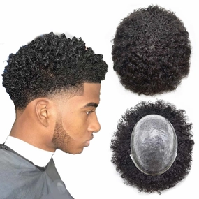 Hair Units for Men Afro Toupee Curly Replacement System for Man African American Men Weave Units Hairpieces 1B# Natural Black-8MM Afro Wavy