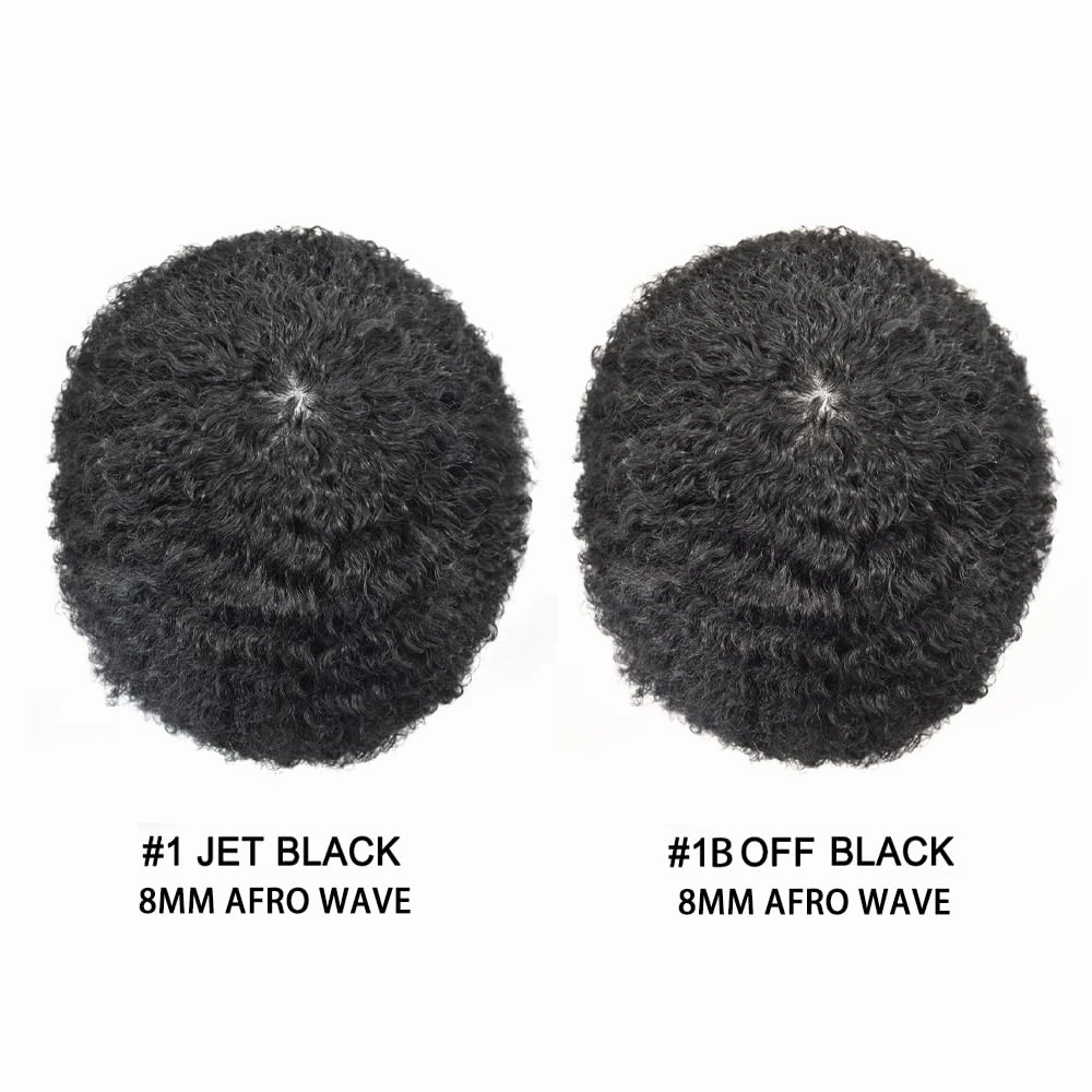 Hair Units for Men Afro Toupee Curly Replacement System for Man African American Men Weave Units Hairpieces 1B# Natural Black-8MM Afro Wavy