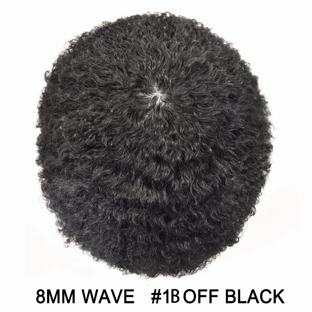 Hair Units for Men Afro Toupee Curly Replacement System for Man African American Men Weave Units Hairpieces 1B# Natural Black-8MM Afro Wavy