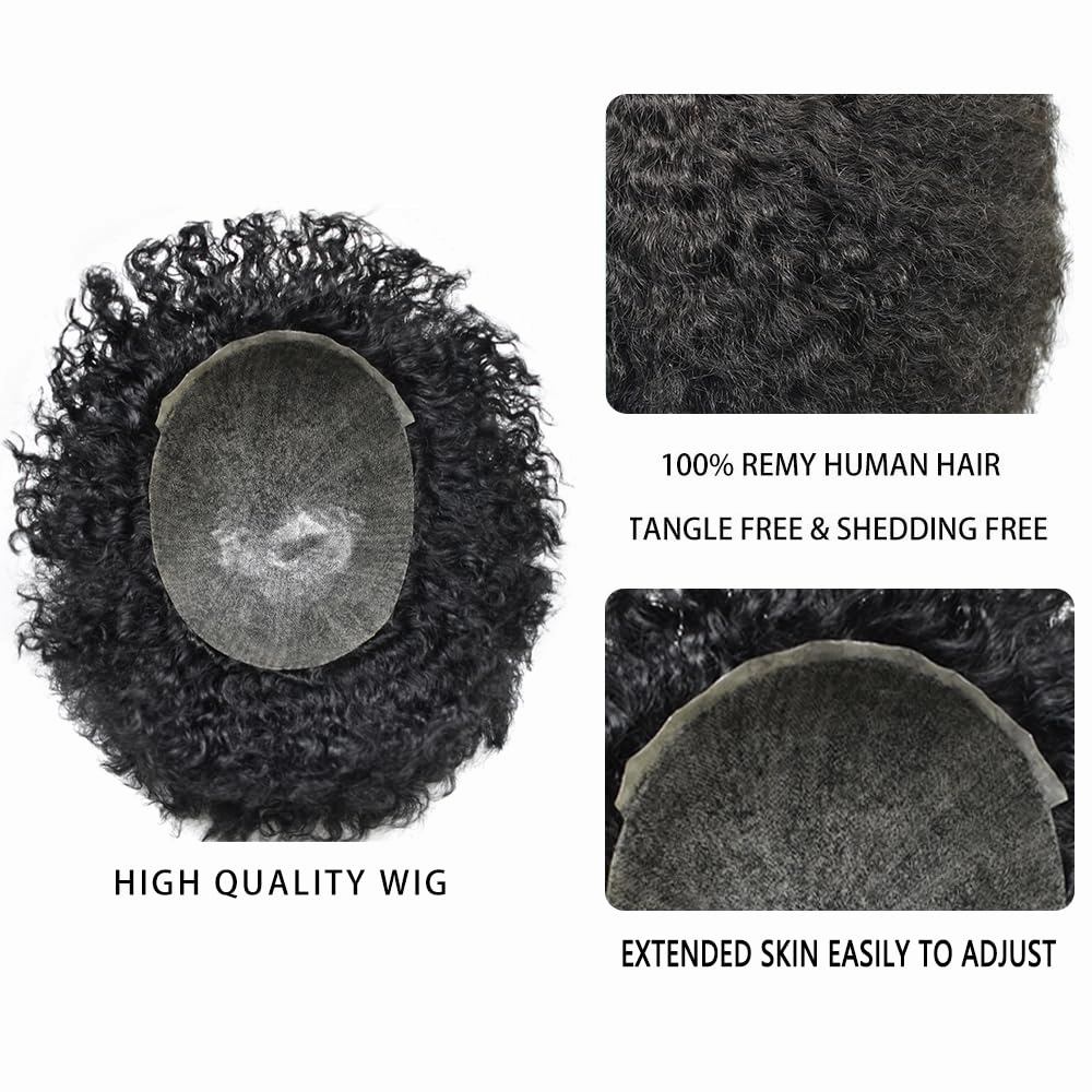 Hair Units for Men Afro Toupee Curly Replacement System for Man African American Men Weave Units Hairpieces 1B# Natural Black-8MM Afro Wavy