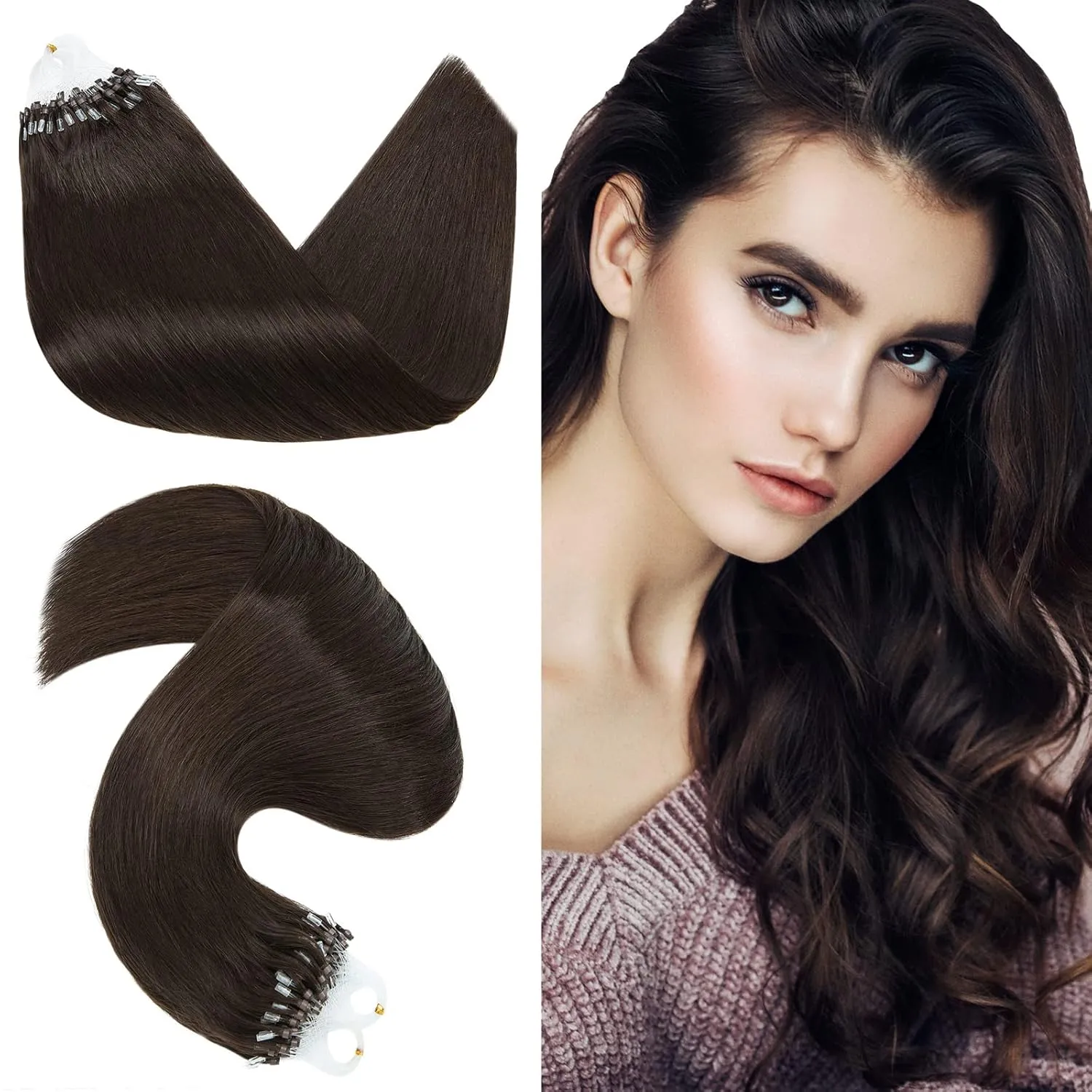 Hairro Microlink Hair Extensions Human Hair Micro Loop Bead In Hair Micro Ring I Tip Pre Bonded Cold Fusion Keratin Glue Stick Remy Itip Hair For Women 16 Inch 50g 50 Strands #02 Dark Brown