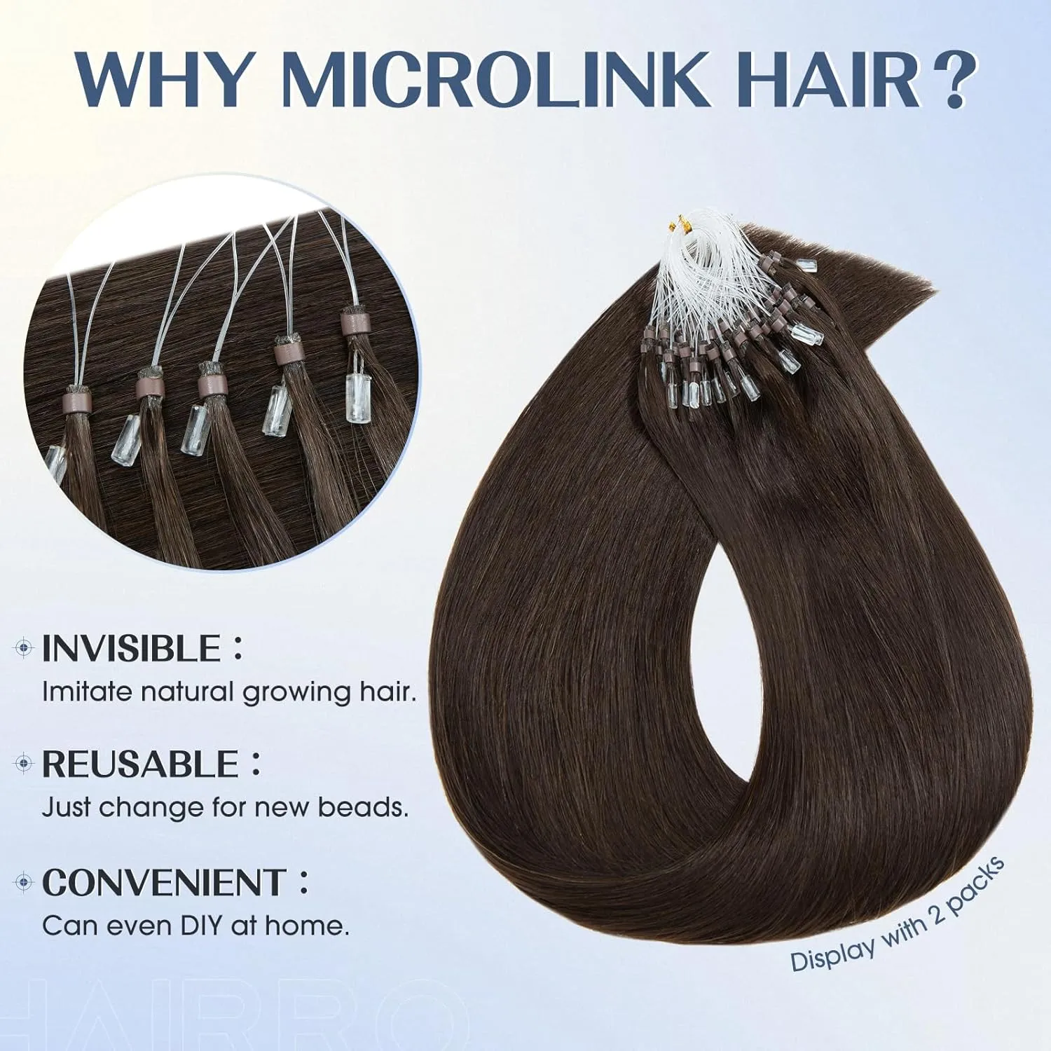 Hairro Microlink Hair Extensions Human Hair Micro Loop Bead In Hair Micro Ring I Tip Pre Bonded Cold Fusion Keratin Glue Stick Remy Itip Hair For Women 16 Inch 50g 50 Strands #02 Dark Brown