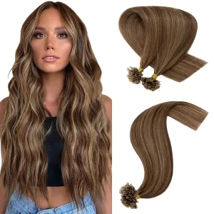 Hairro U Tip Hair Extensions Remy Pre Bonded Fusion Hairpieces Utip Nail Tipped Keratin Glue Stick Highlight Microlink Hair Extension For Women 100 Strands 14" 50g #4P27 Medium Brown Mix Dark Blonde