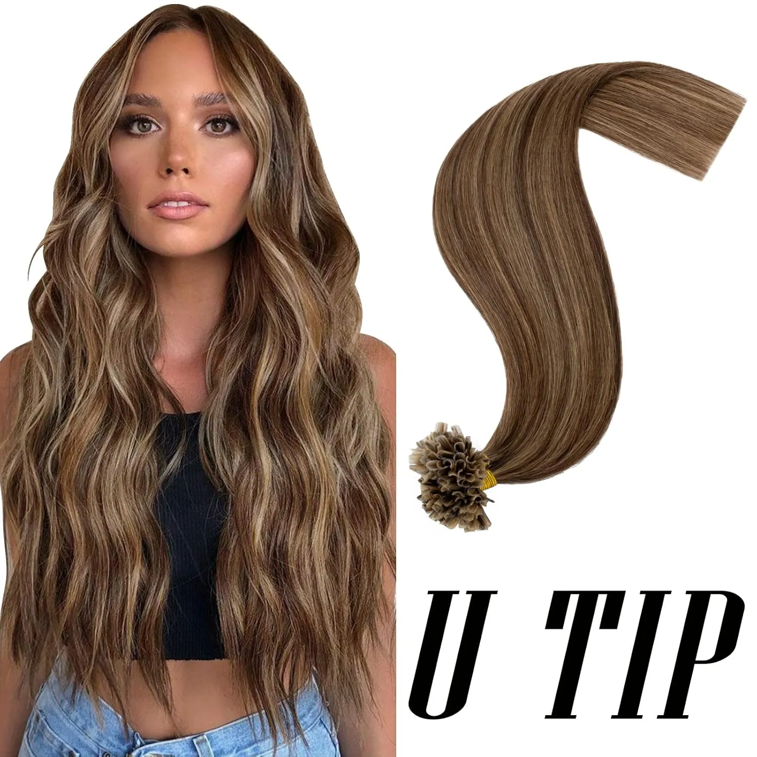 Hairro U Tip Hair Extensions Remy Pre Bonded Fusion Hairpieces Utip Nail Tipped Keratin Glue Stick Highlight Microlink Hair Extension For Women 100 Strands 14" 50g #4P27 Medium Brown Mix Dark Blonde