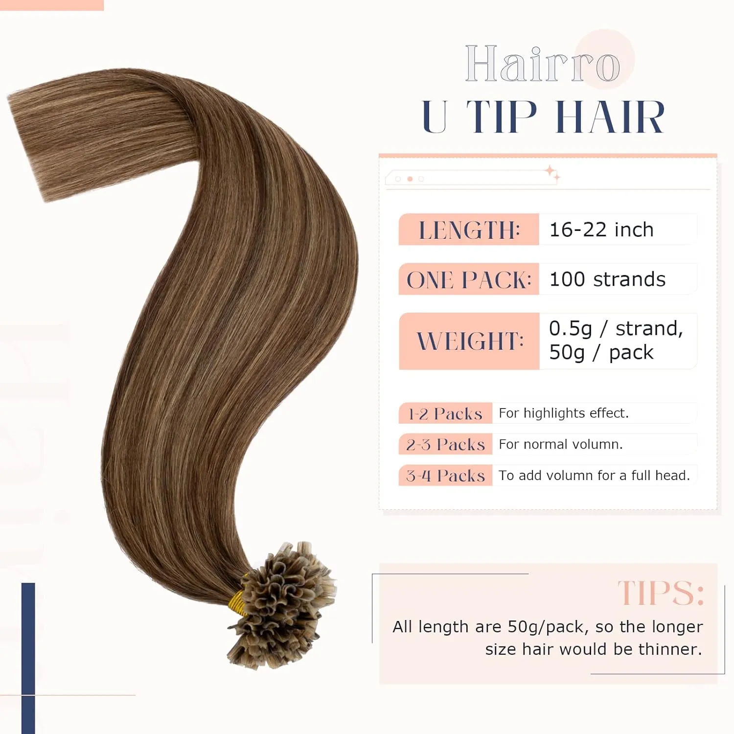 Hairro U Tip Hair Extensions Remy Pre Bonded Fusion Hairpieces Utip Nail Tipped Keratin Glue Stick Highlight Microlink Hair Extension For Women 100 Strands 14" 50g #4P27 Medium Brown Mix Dark Blonde
