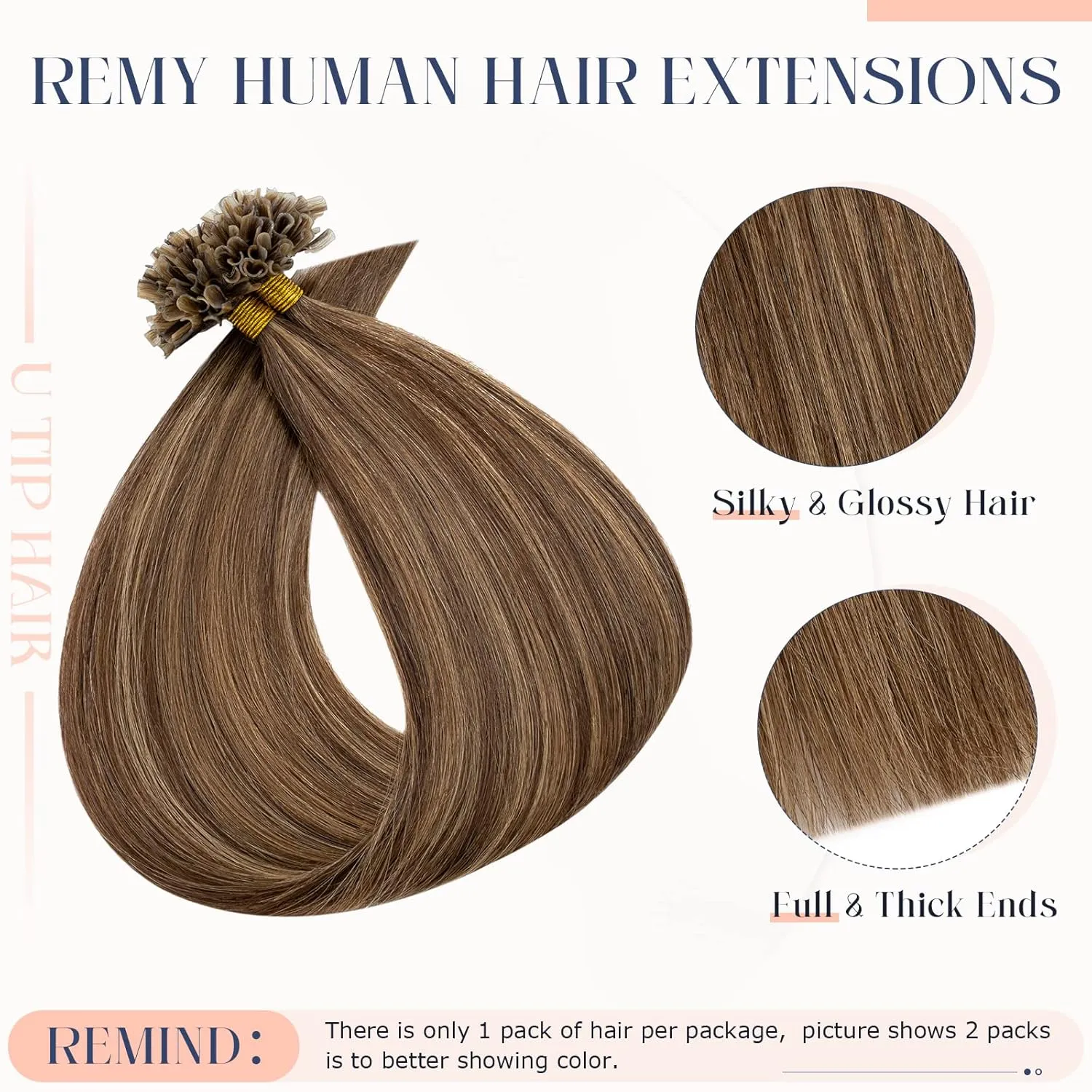 Hairro U Tip Hair Extensions Remy Pre Bonded Fusion Hairpieces Utip Nail Tipped Keratin Glue Stick Highlight Microlink Hair Extension For Women 100 Strands 14" 50g #4P27 Medium Brown Mix Dark Blonde