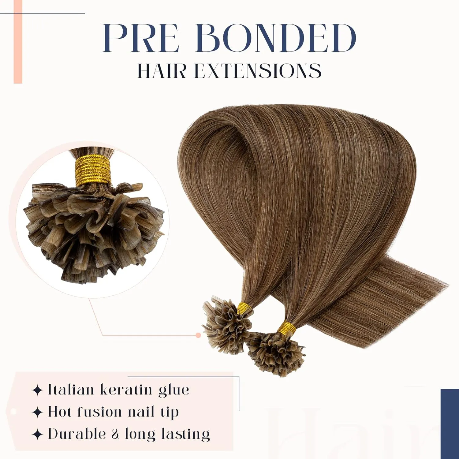 Hairro U Tip Hair Extensions Remy Pre Bonded Fusion Hairpieces Utip Nail Tipped Keratin Glue Stick Highlight Microlink Hair Extension For Women 100 Strands 14" 50g #4P27 Medium Brown Mix Dark Blonde