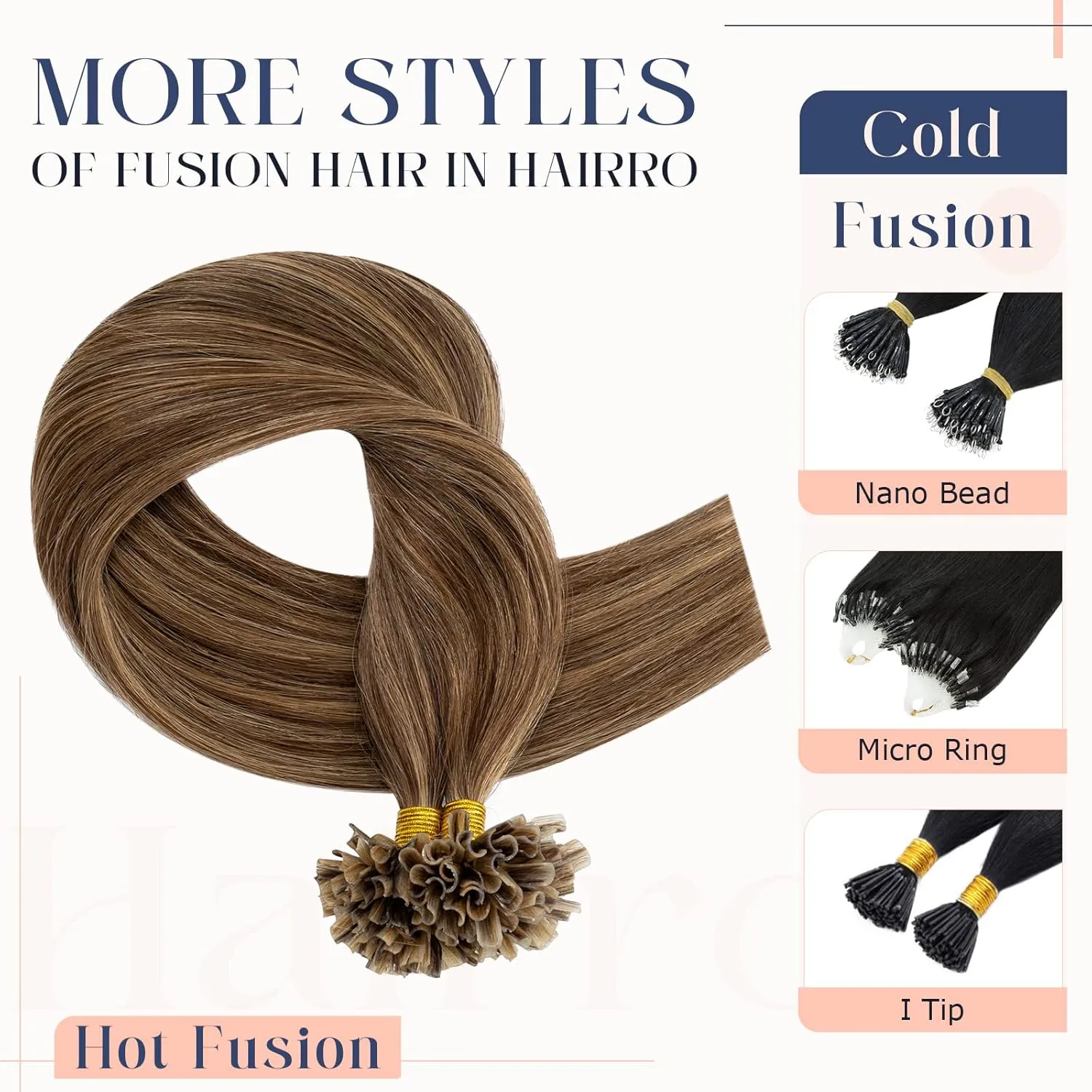 Hairro U Tip Hair Extensions Remy Pre Bonded Fusion Hairpieces Utip Nail Tipped Keratin Glue Stick Highlight Microlink Hair Extension For Women 100 Strands 14" 50g #4P27 Medium Brown Mix Dark Blonde