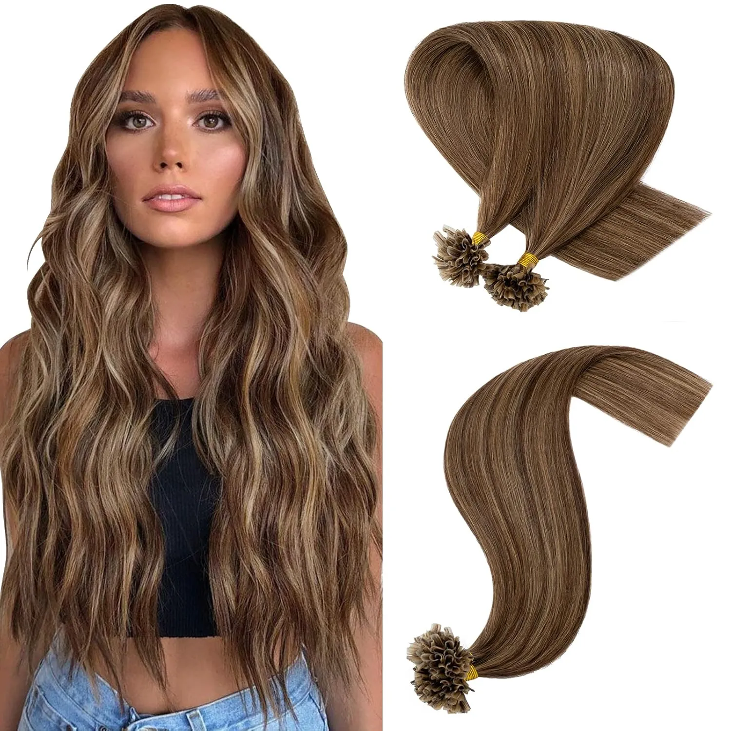 Hairro U Tip Hair Extensions Remy Pre Bonded Fusion Hairpieces Utip Nail Tipped Keratin Glue Stick Highlight Microlink Hair Extension For Women 100 Strands 14" 50g #4P27 Medium Brown Mix Dark Blonde