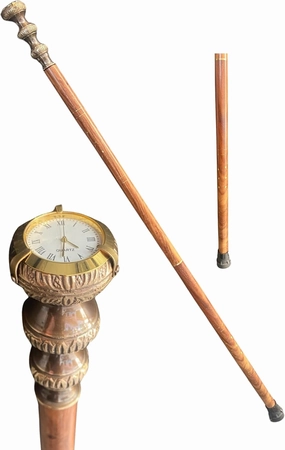 Handmade Brass Handle Walking Cane Vintage Antique Three Piece Adjustable Wooden Walking Stick 3 Domes Walking Cane with White Dial Clock Brown Three Piece Adjustable Gift