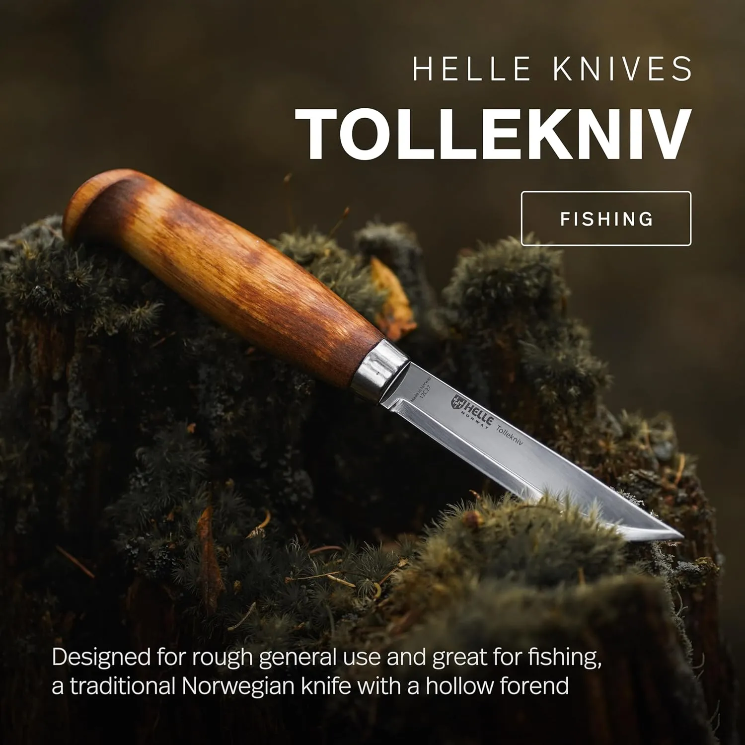 HELLE Knives - Tollekniv - Outdoor Fishing Knife, Stainless Steel, Birch Handle, Stick Tang Blade With Sheath, Handcrafted