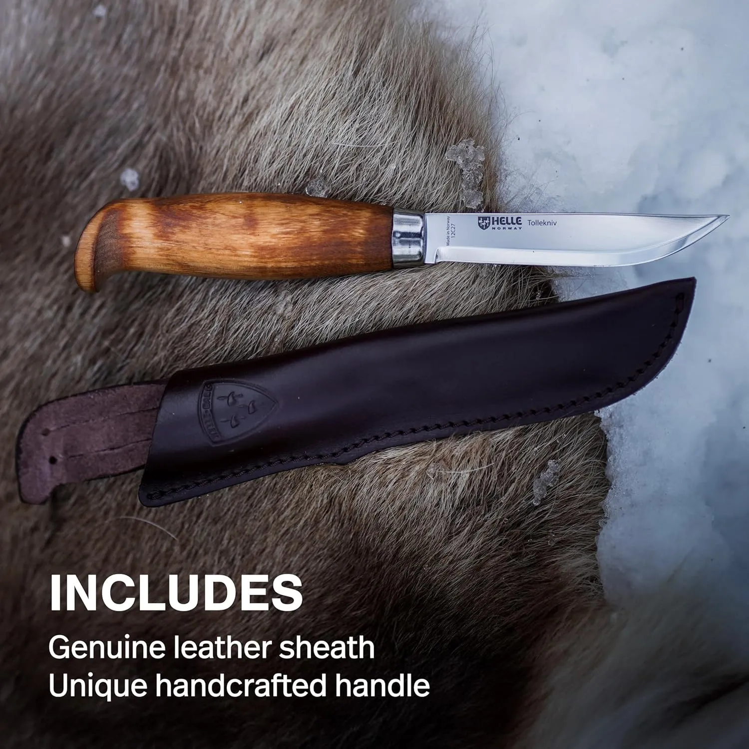 HELLE Knives - Tollekniv - Outdoor Fishing Knife, Stainless Steel, Birch Handle, Stick Tang Blade With Sheath, Handcrafted