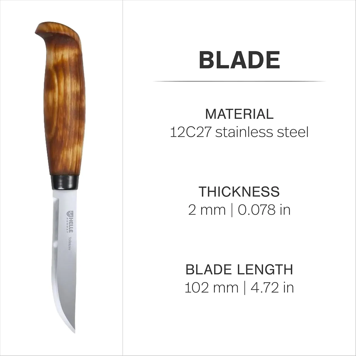HELLE Knives - Tollekniv - Outdoor Fishing Knife, Stainless Steel, Birch Handle, Stick Tang Blade With Sheath, Handcrafted