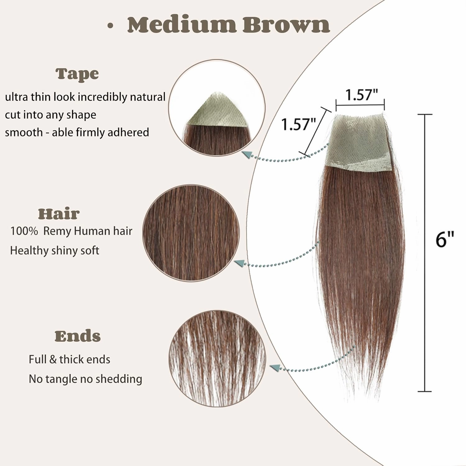 human hair bald spot hair patch toupee scar humanhair replacement hairline loss straight Tape for men and women (Medium Brown, 1.57"*1.57")