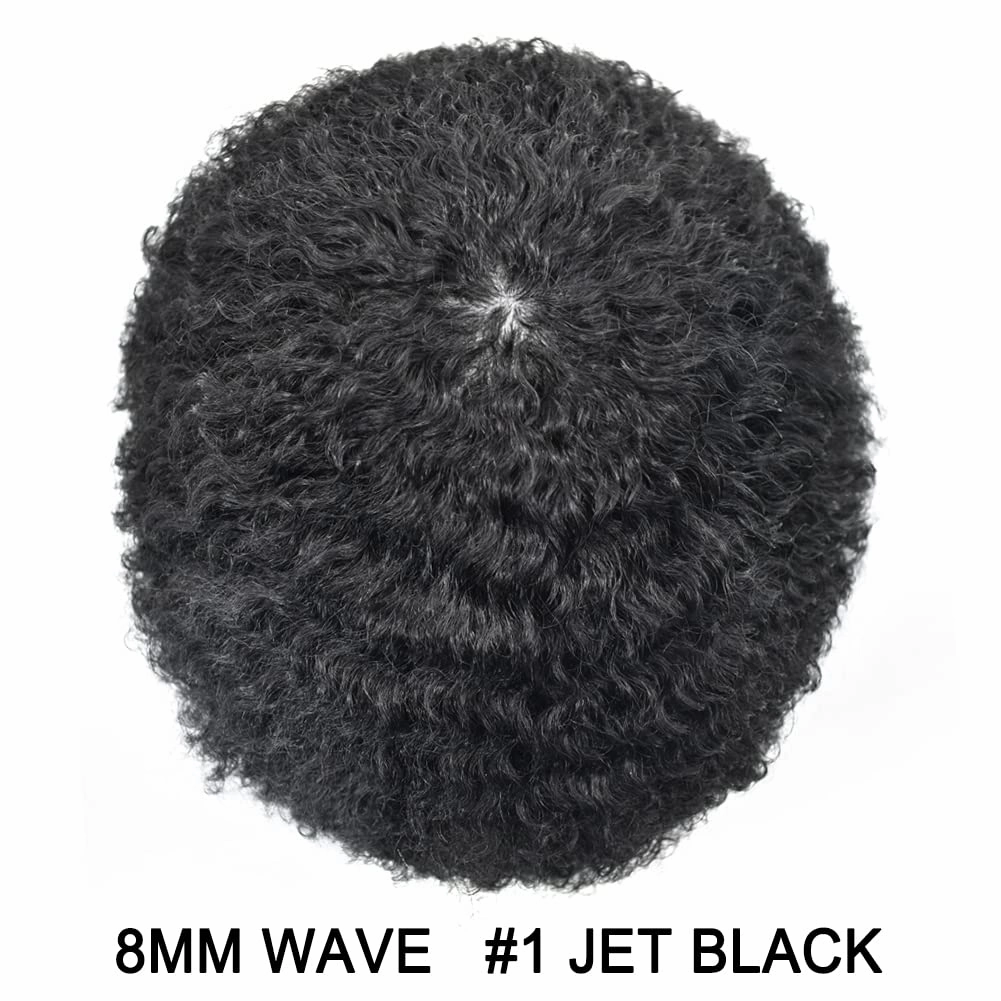Human Hair Uints for Black Men Wave Kinky Curly Hair Piece Full Poly Hairpieces African American Men Afro Coily Toupee 8mm Afro Wavy-1# Jet Black
