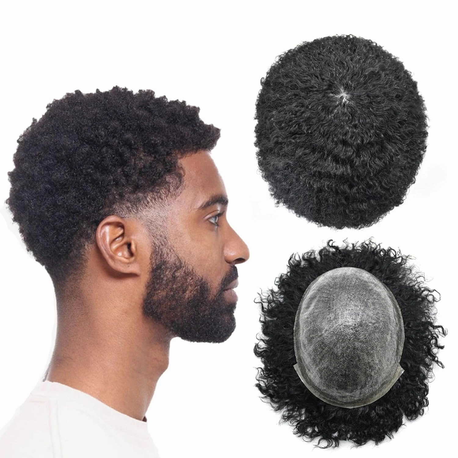 Human Hair Uints for Black Men Wave Kinky Curly Hair Piece Full Poly Hairpieces African American Men Afro Coily Toupee 8mm Afro Wavy-1# Jet Black