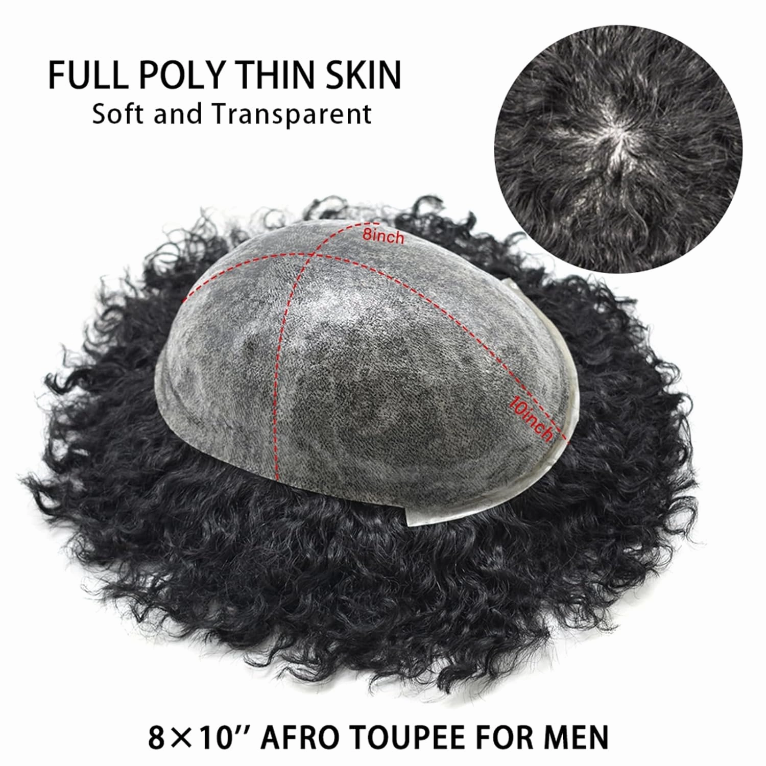 Human Hair Uints for Black Men Wave Kinky Curly Hair Piece Full Poly Hairpieces African American Men Afro Coily Toupee 8mm Afro Wavy-1# Jet Black