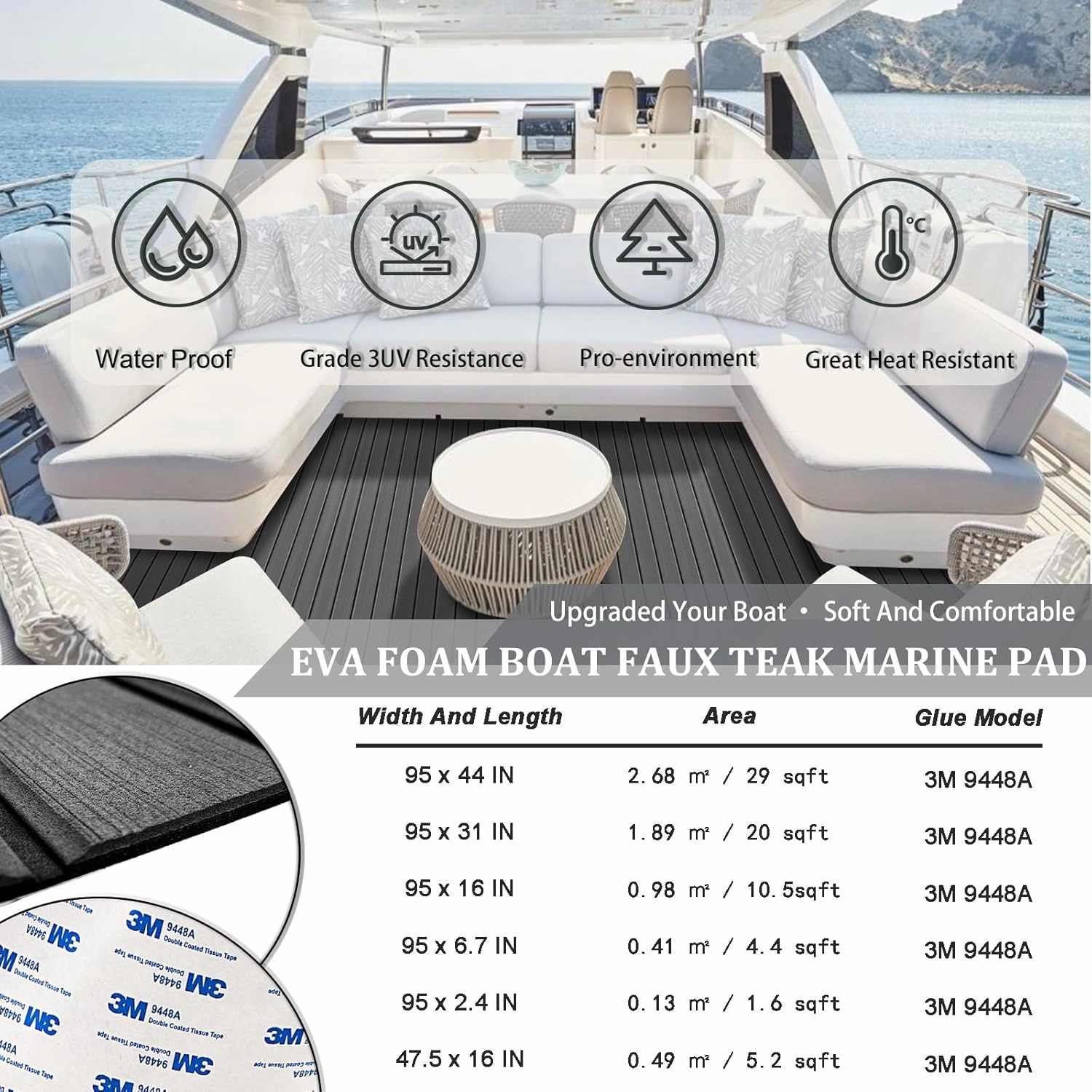 HXBYX EVA Foam Boat Flooring with 3M Self-Adhesive Backing DIY Boats Decking Marine Sheet Faux Teak Material,Non-Slip Cooler Pads for Kayak Yacht SwimPool RV 95"x44"/31"/16"/6.7"/2.4",47.5"x16"