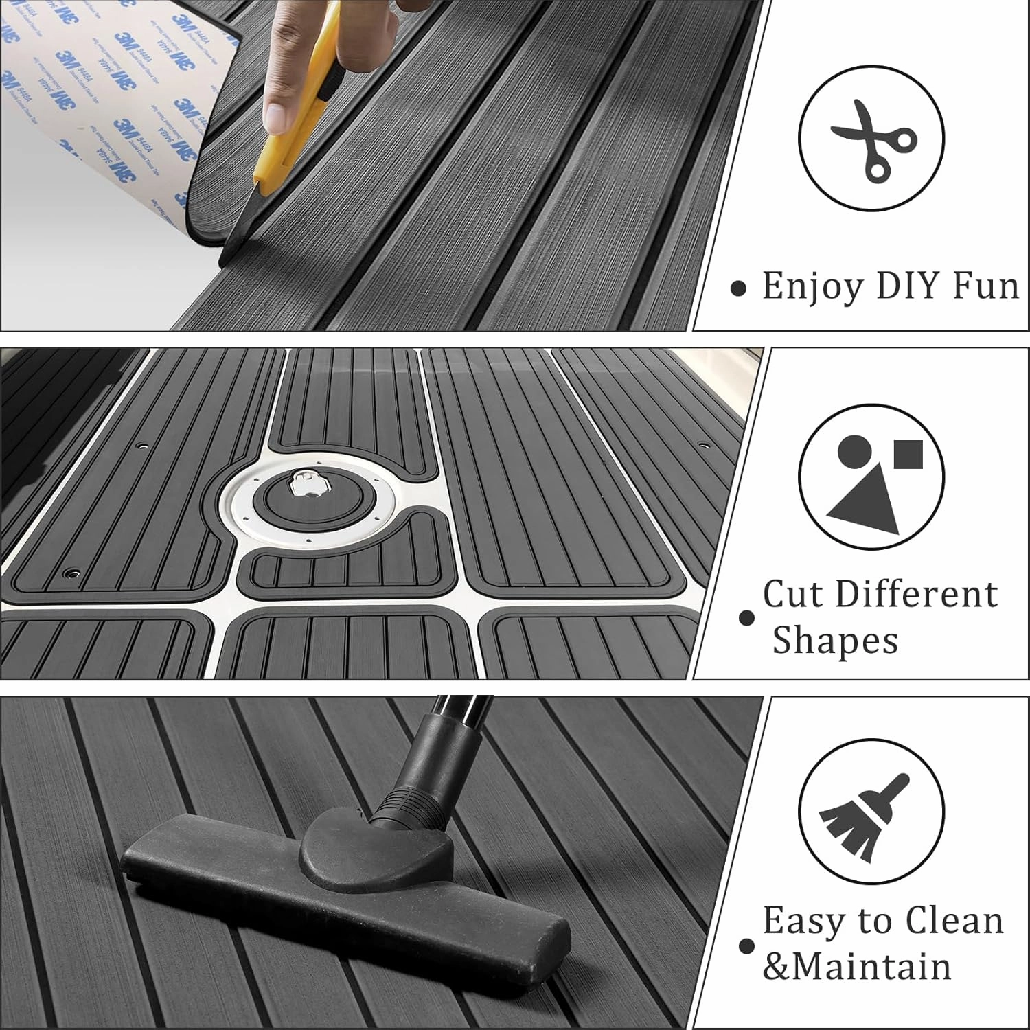 HXBYX EVA Foam Boat Flooring with 3M Self-Adhesive Backing DIY Boats Decking Marine Sheet Faux Teak Material,Non-Slip Cooler Pads for Kayak Yacht SwimPool RV 95"x44"/31"/16"/6.7"/2.4",47.5"x16"