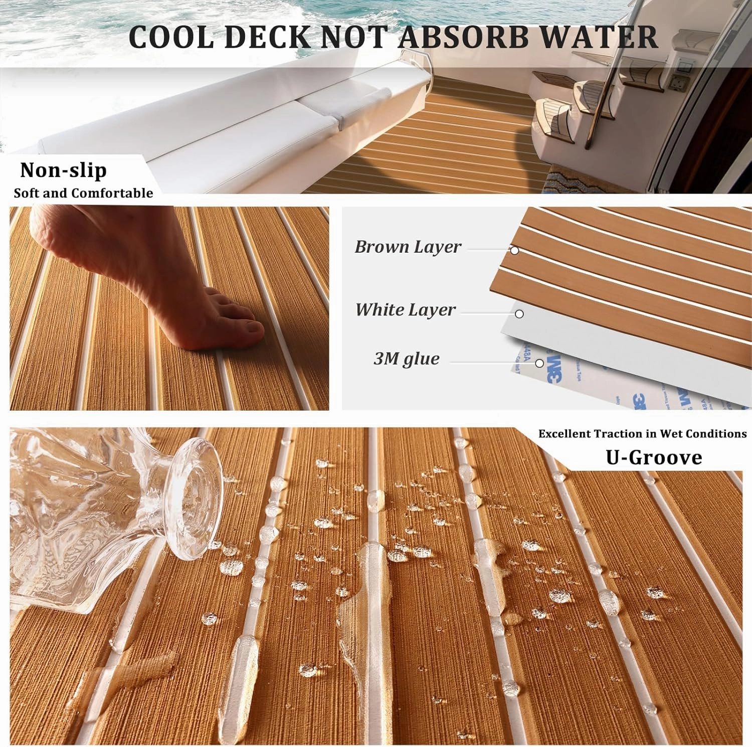 HXBYX EVA Foam Boat Flooring with 3M Self-Adhesive Backing DIY Boats Decking Marine Sheet Faux Teak Material,Non-Slip Cooler Pads for Kayak Yacht SwimPool RV 95"x44"/31"/16"/6.7"/2.4",47.5"x16"