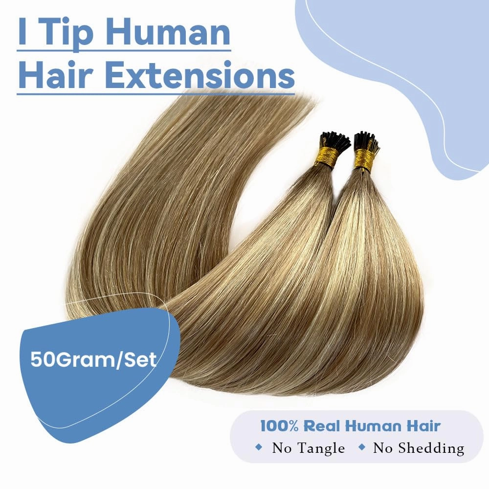 I Tip Hair Extensions Human Hair 100 Strands 12 Inch Ash Brown Mix Bleach Blonde #18P60 Pre-Bonded Cold Fusion Stick Tip Microlinks 50g