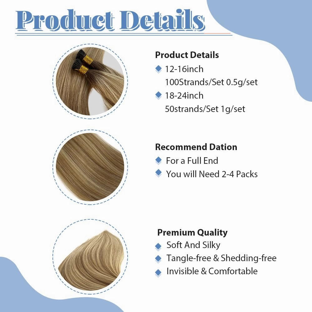 I Tip Hair Extensions Human Hair 100 Strands 12 Inch Ash Brown Mix Bleach Blonde #18P60 Pre-Bonded Cold Fusion Stick Tip Microlinks 50g