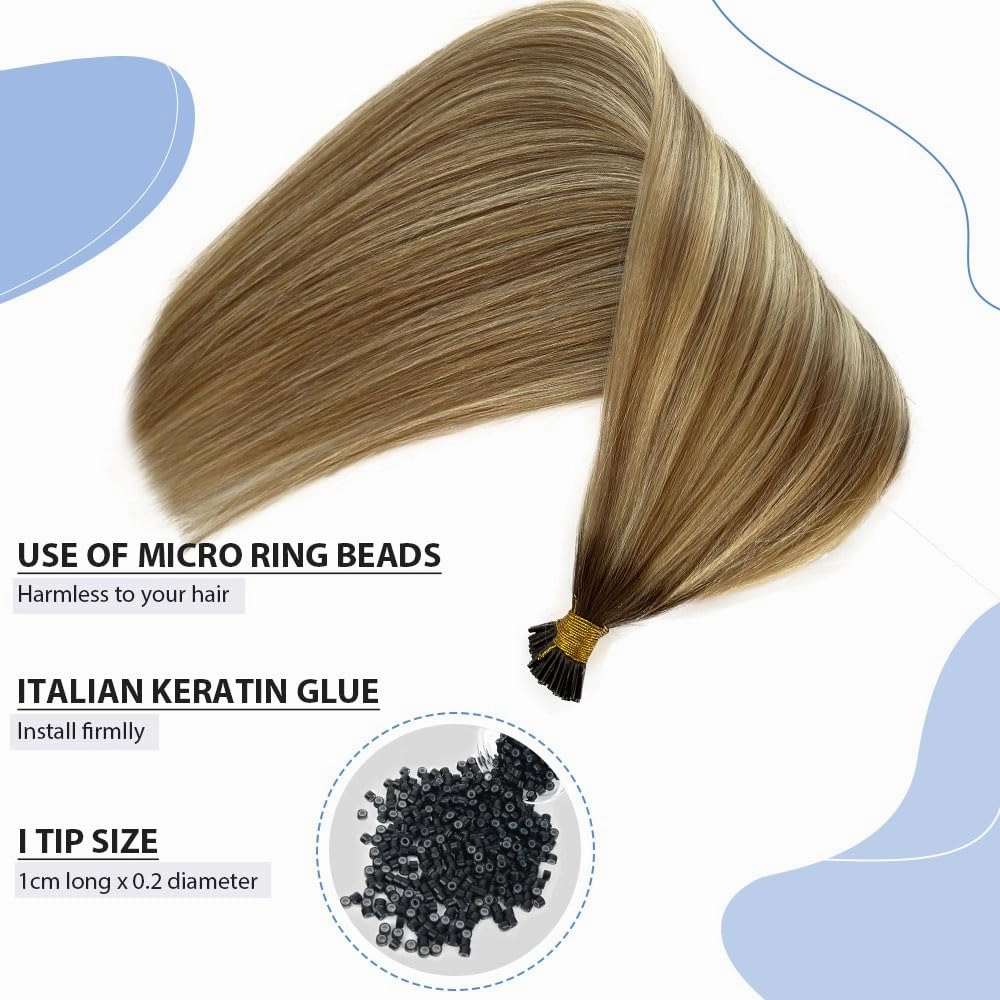 I Tip Hair Extensions Human Hair 100 Strands 12 Inch Ash Brown Mix Bleach Blonde #18P60 Pre-Bonded Cold Fusion Stick Tip Microlinks 50g