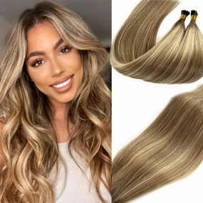 I Tip Hair Extensions Human Hair 100 Strands 12 Inch Ash Brown Mix Bleach Blonde #18P60 Pre-Bonded Cold Fusion Stick Tip Microlinks 50g