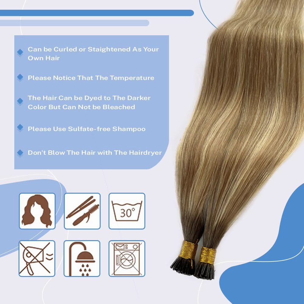 I Tip Hair Extensions Human Hair 100 Strands 12 Inch Ash Brown Mix Bleach Blonde #18P60 Pre-Bonded Cold Fusion Stick Tip Microlinks 50g