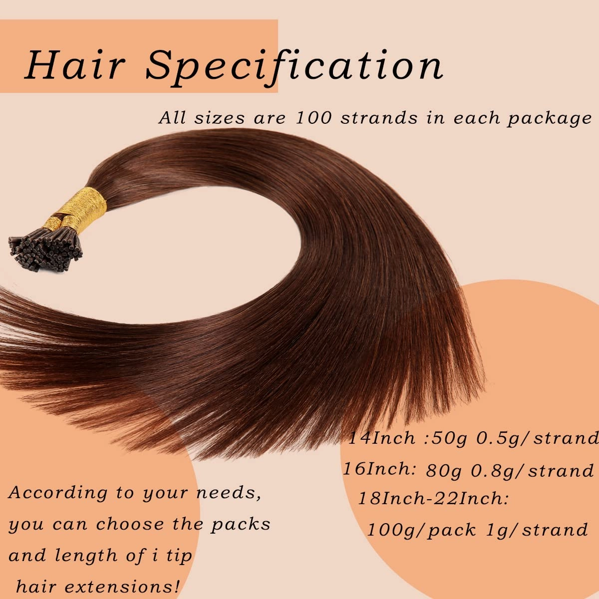 I Tip Human Hair Extensions, Pre Bonded Keratin Stick In Hair Extensions for Women 22inch #4 Medium Brown 1g/Strand 100g/Package Straight Remy Hair I Tip Extensions