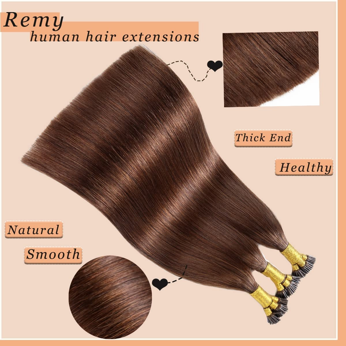 I Tip Human Hair Extensions, Pre Bonded Keratin Stick In Hair Extensions for Women 22inch #4 Medium Brown 1g/Strand 100g/Package Straight Remy Hair I Tip Extensions