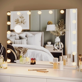 IDEALHOUSE 2024 New 32 x 24 Vanity Mirror with Lights, Makeup Mirror with 3X Detachable Magnification Mirror, USB Charging Port, 17 LED Bulbs, and 3 Colors Modes for Tabletop, Metal Frame, White