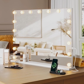 IDEALHOUSE Vanity Mirror with Lights, 2024 New Makeup Mirror with 17 LED Bulbs, 3 Colors Modes, USB & Type-C Charging Port, 3X Detachable Magnifying Mirror, White (32" x 24")