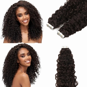 Jerry Curly Hair Tape in Extensions Human Hair 16" Tape ins for Black Women Natural Wave Invisible Double Sided 3B 3C Type Real Human Hair 50grams Tape on Extensions #2 Darkest Brown 20pcs