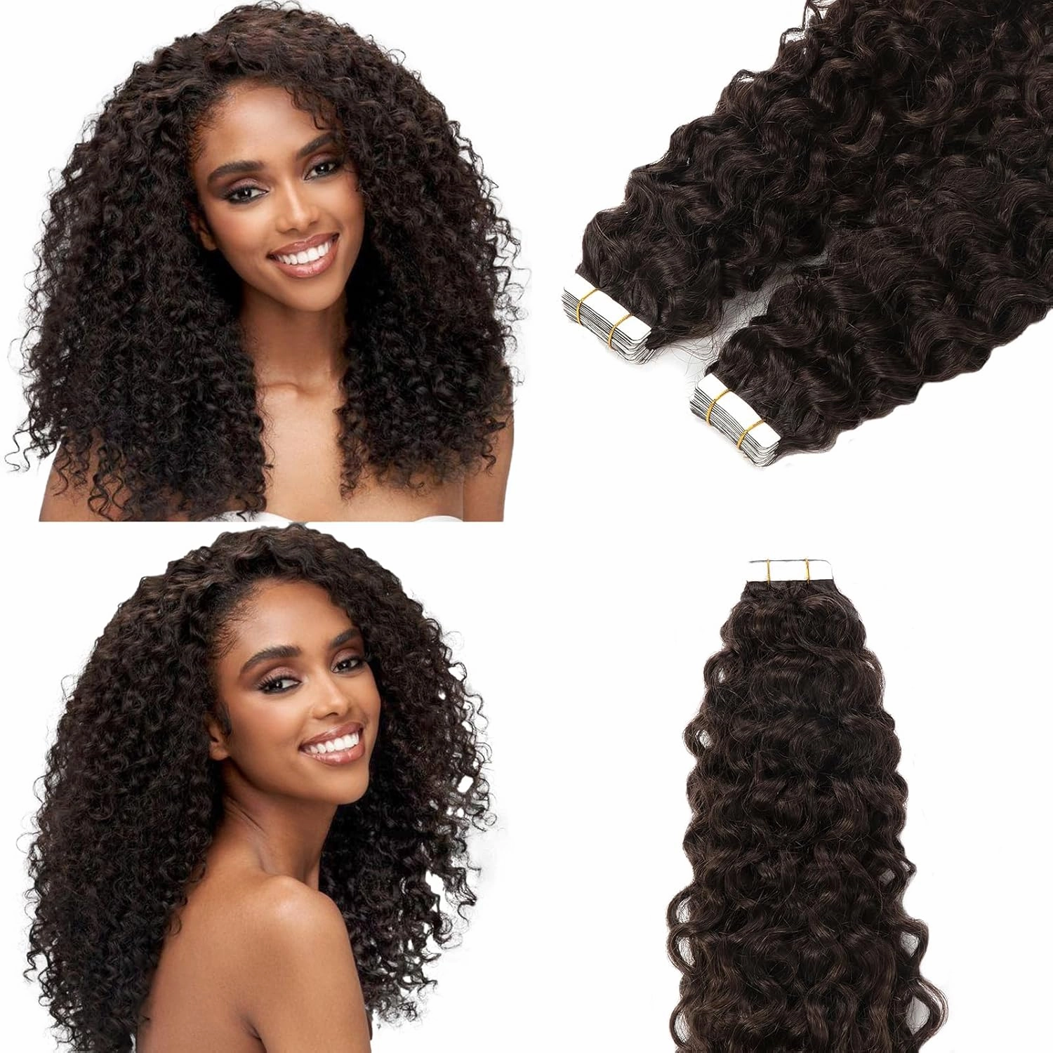Jerry Curly Hair Tape in Extensions Human Hair 16" Tape ins for Black Women Natural Wave Invisible Double Sided 3B 3C Type Real Human Hair 50grams Tape on Extensions #2 Darkest Brown 20pcs