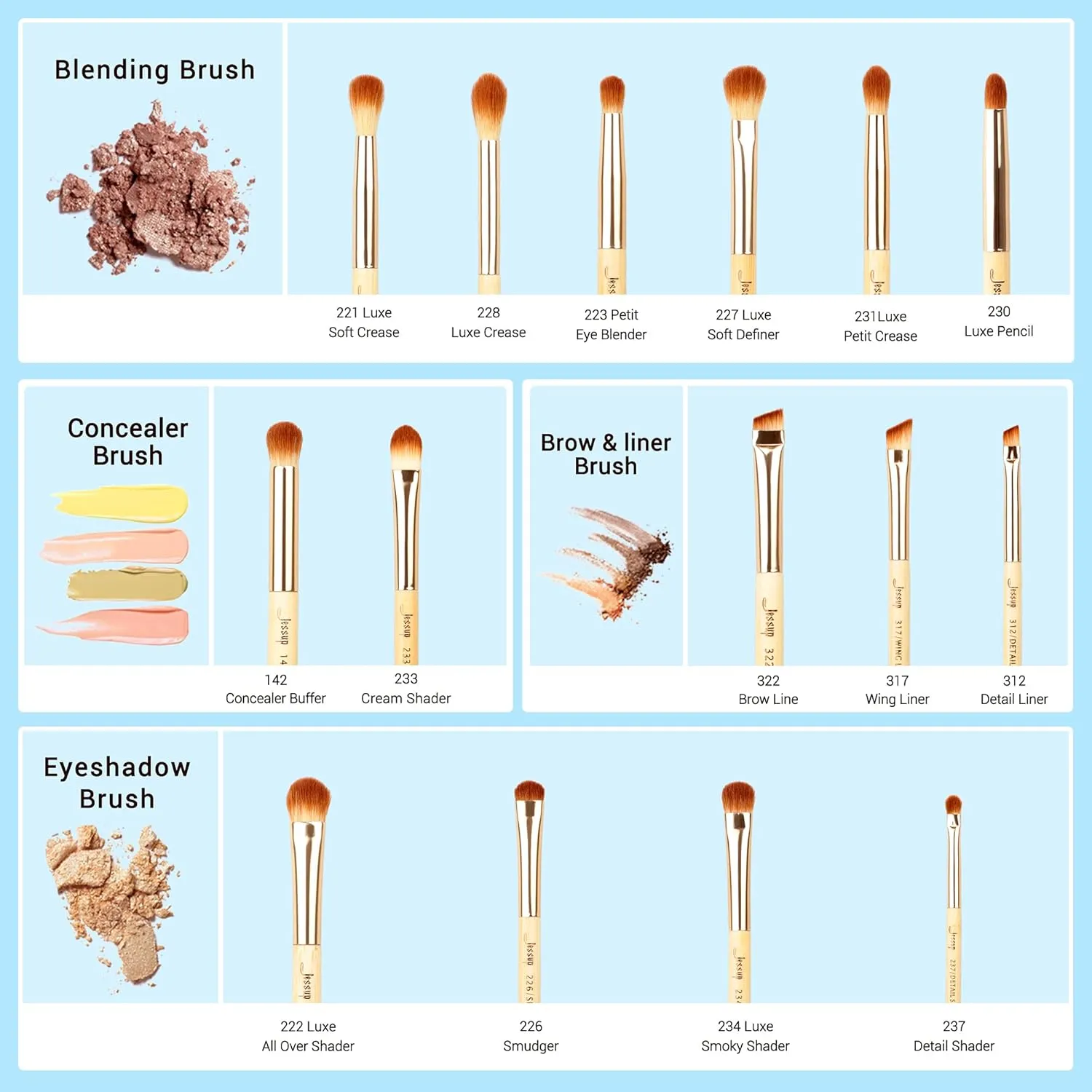 Jessup Eye Makeup Brushes Set, Premium Synthetic Eyeshadow Blending Concealer Eyebrow Eyeliner Brush, 15pcs Labeled Bamboo Make Up Brushes T137