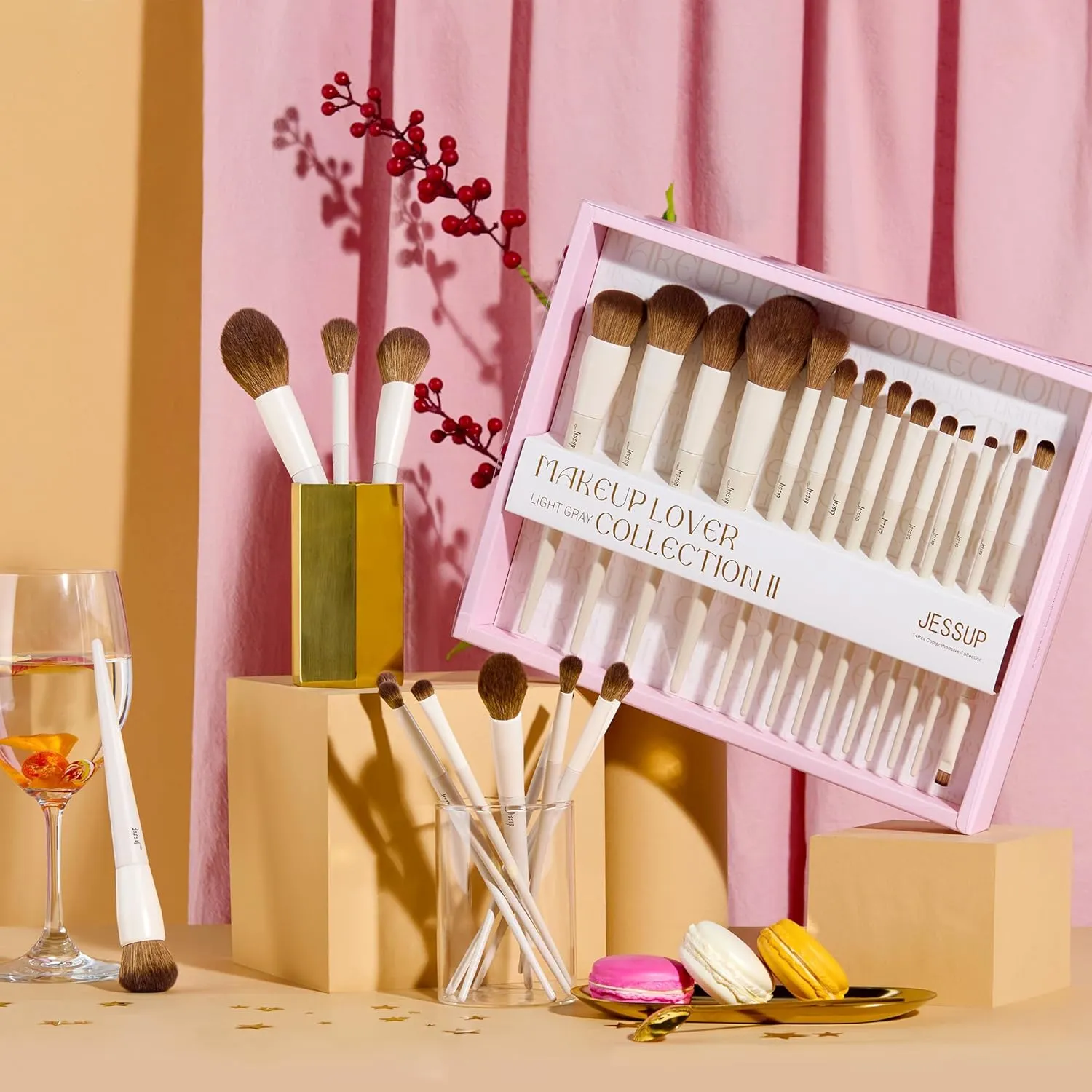 Jessup Makeup Brushes 14Pcs Makeup Brush Set Premium Synthetic Powder Foundation Contour Blush Concealer Eye Shadow Blending Liner Make Up Brush Kit Light Grey with Gift Box, T329-G