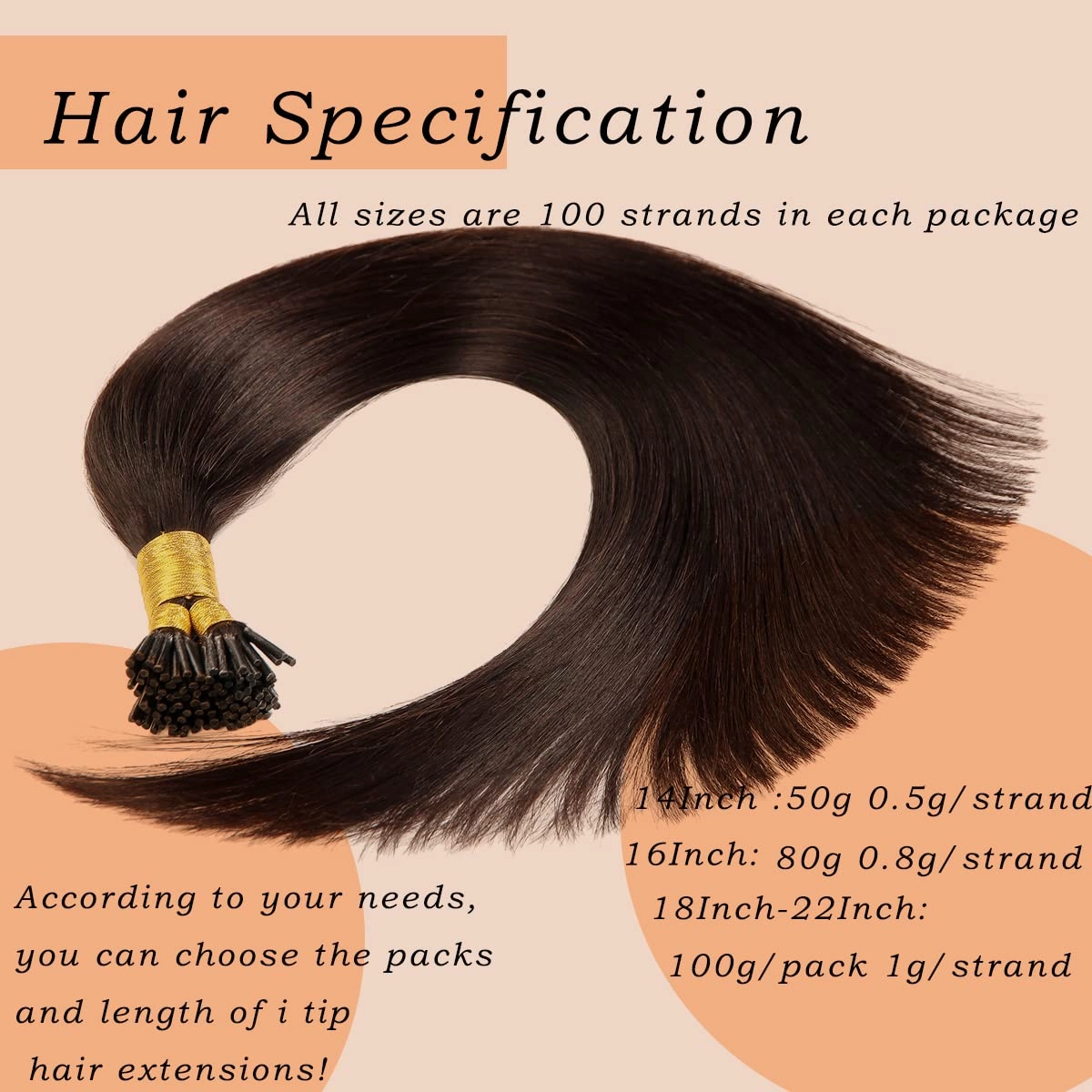 JIAMEISI I Tip Human Hair Extensions,Pre Bonded Stick Tip Hair #2 Darkest Brown Cold Fusions 14inch 0.5g/s 100strands 50g Real Human Hair I Tip