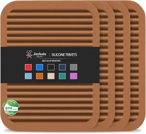 joyhalo 4 Pack Trivets for Hot Dishes - Hot Pads for Kitchen 9'' x 12'', Silicone Trivets for Hot Pots and Pans, Hot Plates to Protect Table, Quartz Countertops Heat Resistance to 480°F, Brown