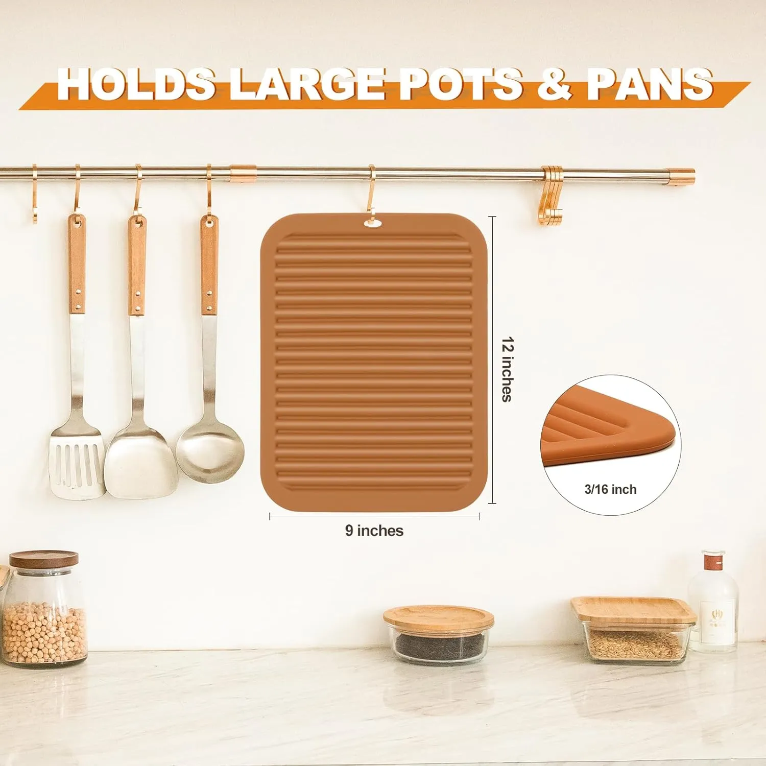 joyhalo 4 Pack Trivets for Hot Dishes - Hot Pads for Kitchen 9'' x 12'', Silicone Trivets for Hot Pots and Pans, Hot Plates to Protect Table, Quartz Countertops Heat Resistance to 480°F, Brown