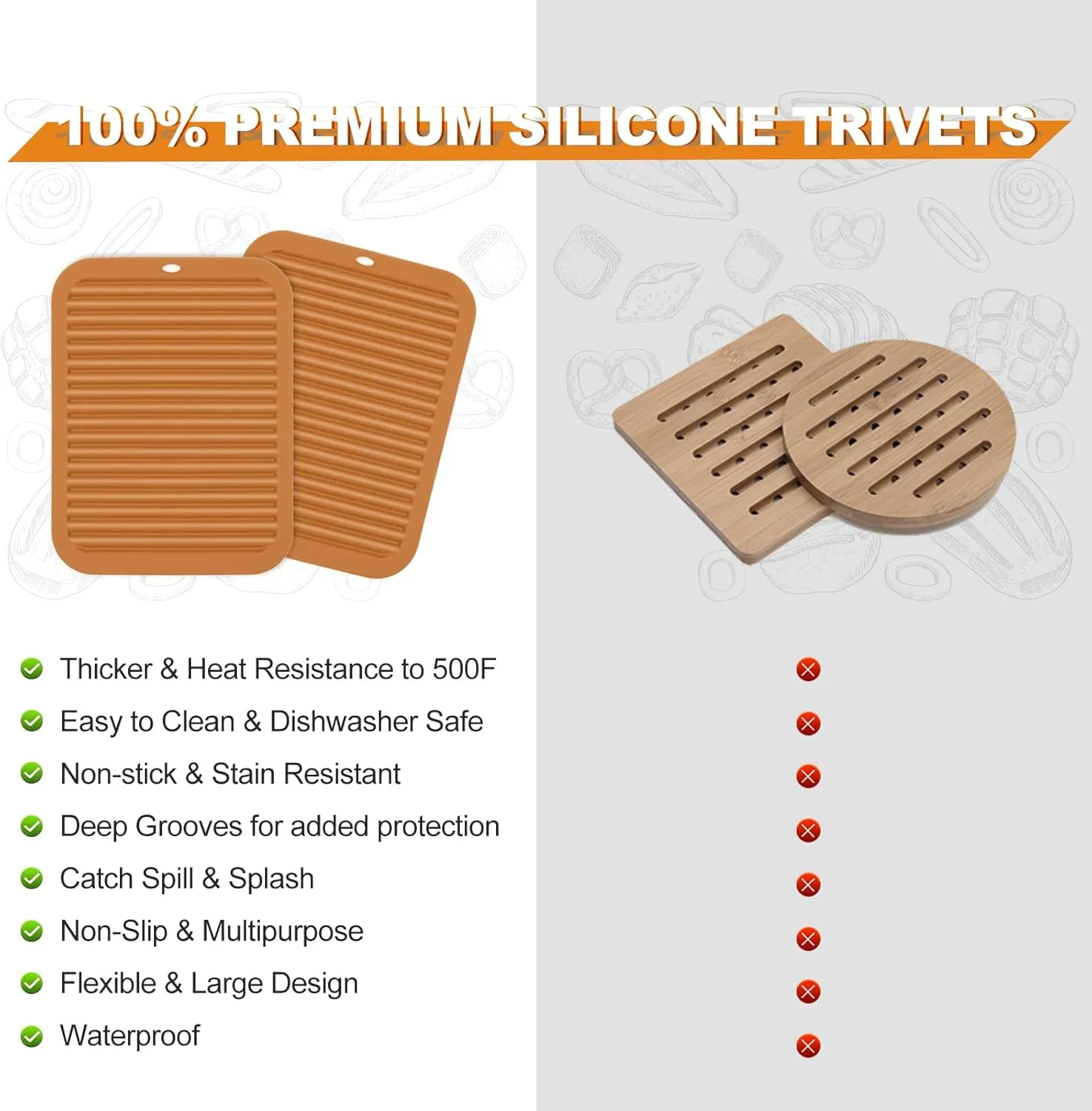 joyhalo 4 Pack Trivets for Hot Dishes - Hot Pads for Kitchen 9'' x 12'', Silicone Trivets for Hot Pots and Pans, Hot Plates to Protect Table, Quartz Countertops Heat Resistance to 480°F, Brown