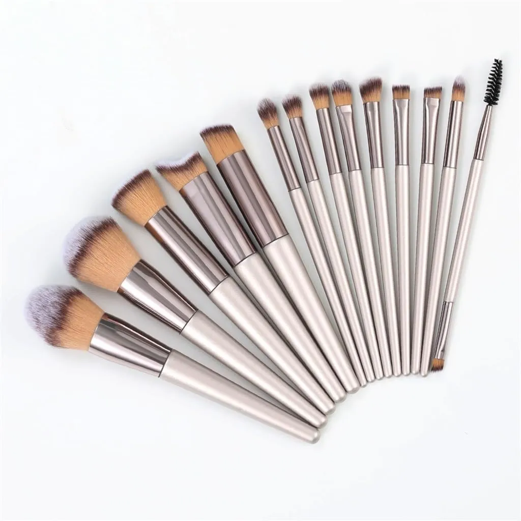 JSEIAJB Soft Wooden Handle 14pcs Champagne Gold Makeup Brushes Set Portable Eyeshadow Brushes