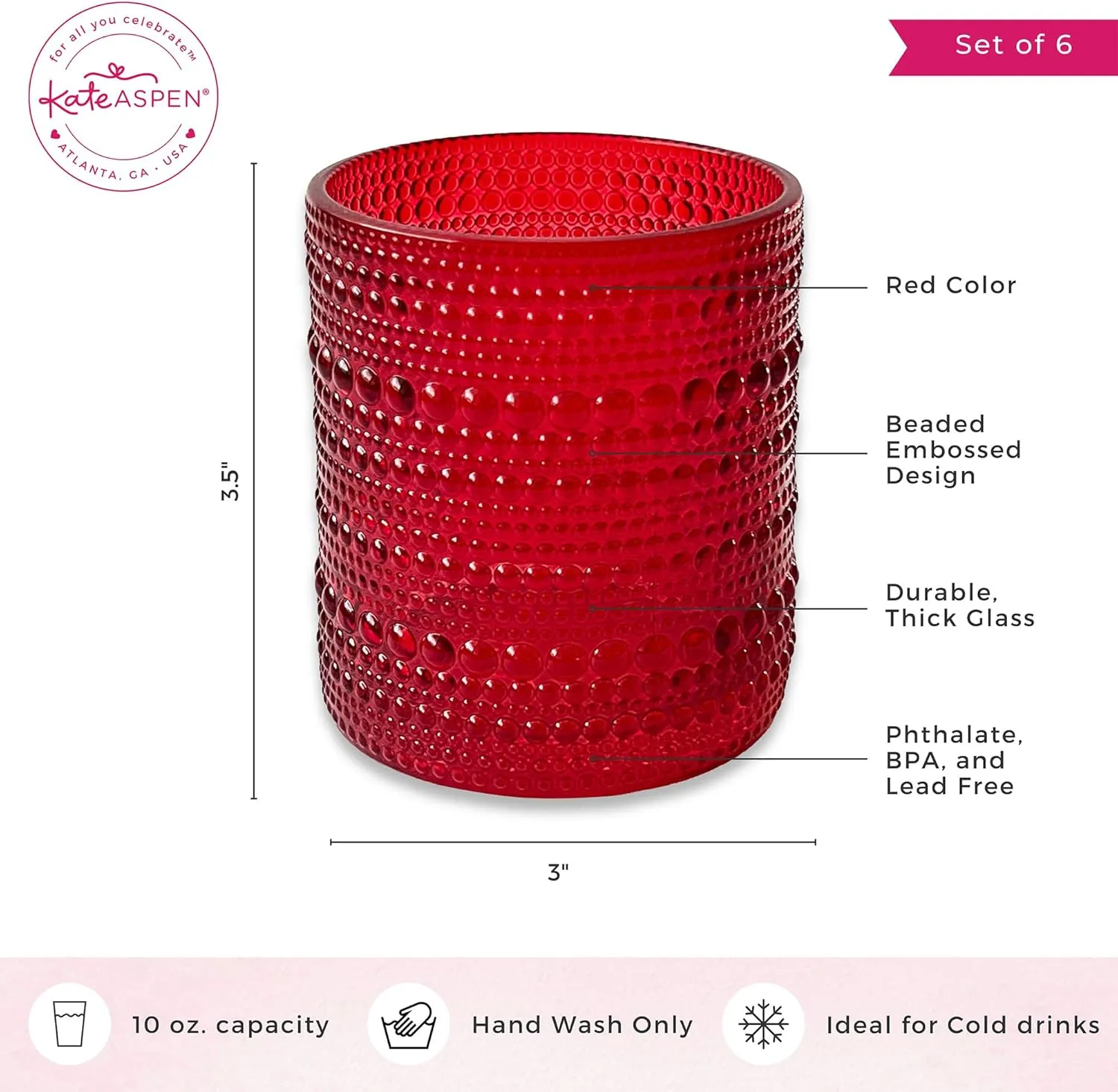 Kate Aspen Hobnail Beaded Drinking Glasses Vintage Glassware Set | Cocktail Glass Set, Juice Glass, Water Cups | Makes A Great Hostess Gift, Gift for Newlyweds (Red)