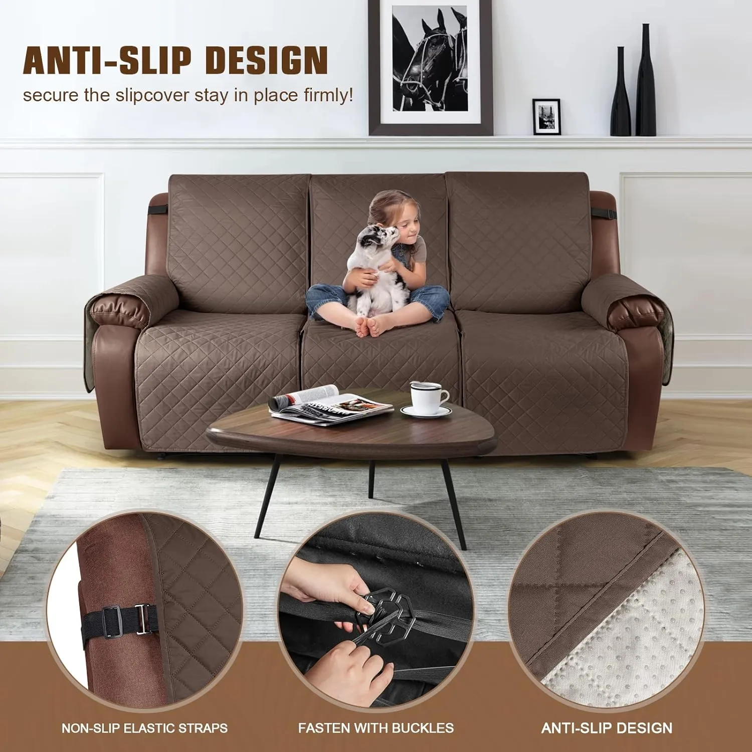 KinCam 100% Waterproof Recliner Couch Covers, Non-Slip Reclining Sofa Covers for 3 Seater, Recliner Couch Cover Furniture Protector with Elastic Straps for Pets, Kids, Brown