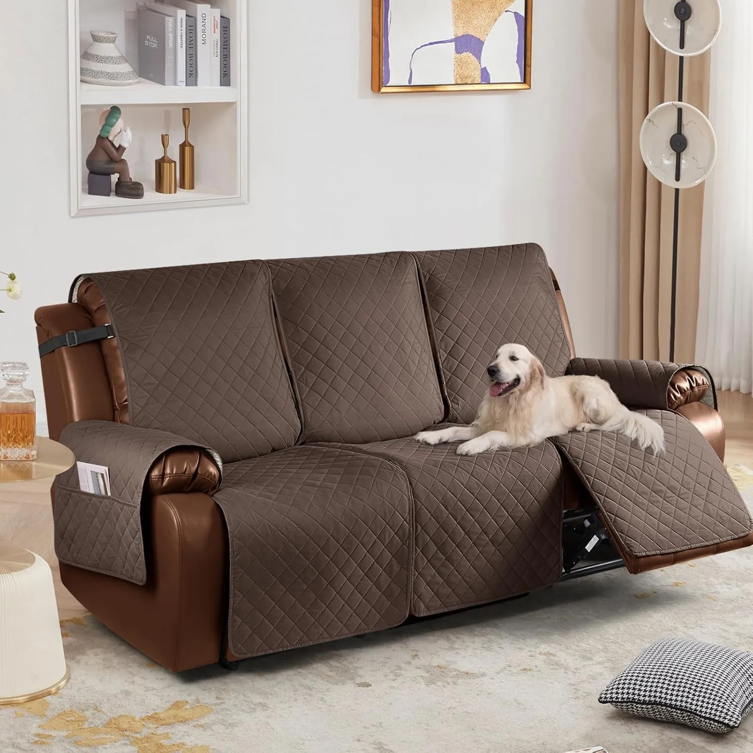 KinCam 100% Waterproof Recliner Couch Covers, Non-Slip Reclining Sofa Covers for 3 Seater, Recliner Couch Cover Furniture Protector with Elastic Straps for Pets, Kids, Brown