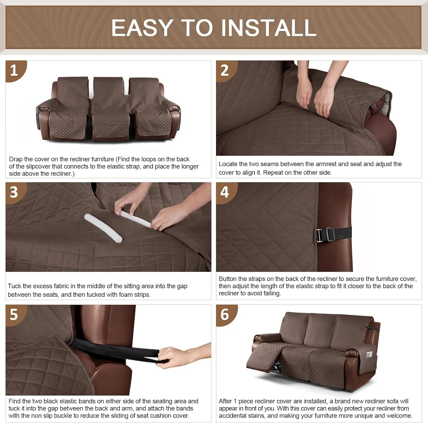 KinCam 100% Waterproof Recliner Couch Covers, Non-Slip Reclining Sofa Covers for 3 Seater, Recliner Couch Cover Furniture Protector with Elastic Straps for Pets, Kids, Brown