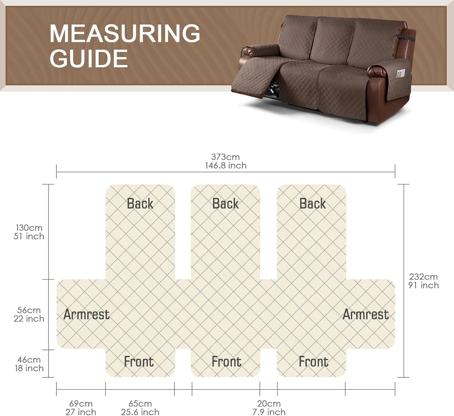 KinCam 100% Waterproof Recliner Couch Covers, Non-Slip Reclining Sofa Covers for 3 Seater, Recliner Couch Cover Furniture Protector with Elastic Straps for Pets, Kids, Brown
