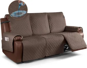 KinCam 100% Waterproof Recliner Couch Covers, Non-Slip Reclining Sofa Covers for 3 Seater, Recliner Couch Cover Furniture Protector with Elastic Straps for Pets, Kids, Brown