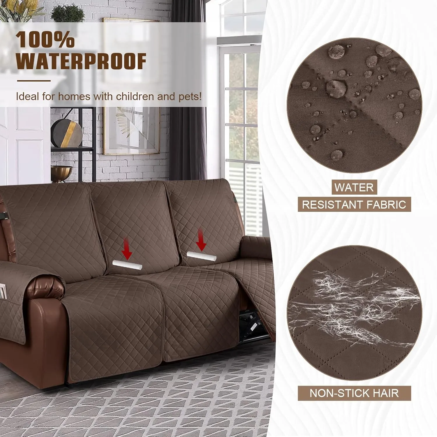 KinCam 100% Waterproof Recliner Couch Covers, Non-Slip Reclining Sofa Covers for 3 Seater, Recliner Couch Cover Furniture Protector with Elastic Straps for Pets, Kids, Brown