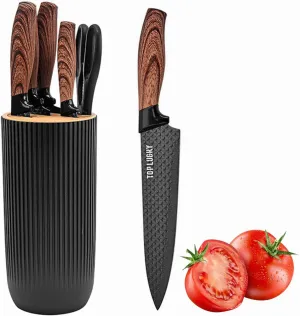 Kitchen Knife Set, 6-Pieces Luxury Wooden Coating Knife Set, Light Wood Grain Handle, Stainless Steel Non-Stick Sharp Blade Chef Knife Set with Cylindrical Knife Block for Gift